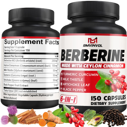 Berberine HCl, 150 Capsules - Plus Ceylon Cinnamon, Turmeric, Milk Thistle, Artichoke, Black Pepper, Berberine HCI Root Supplements Pills - Immune System Berberine HCl, 150 Capsules - Plus Ceylon Cinnamon, Turmeric, Milk Thistle, Artichoke, Black Pepper, Berberine HCI Root Supplements Pills - Immune System