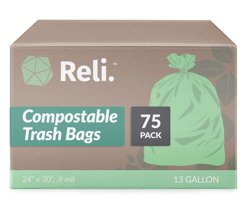 Reli. Compostable 13 Gallon Trash Bags | 75 Count | ASTM D6400 | Green | Eco-Friendly | For Compost