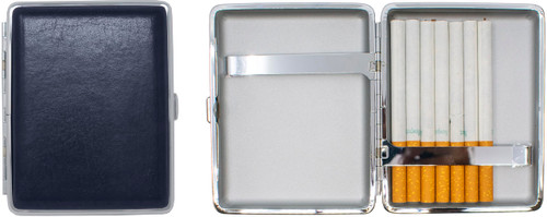 Set of 2 Metal-Plated 100s Leather Cigarette Case & Stash Box (Buffalo Navy)