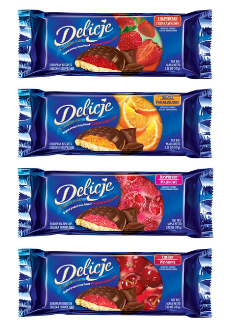 Delicje Variety Pack European Biscuits Strawberry, Orange, Raspberry, Cherry Filling