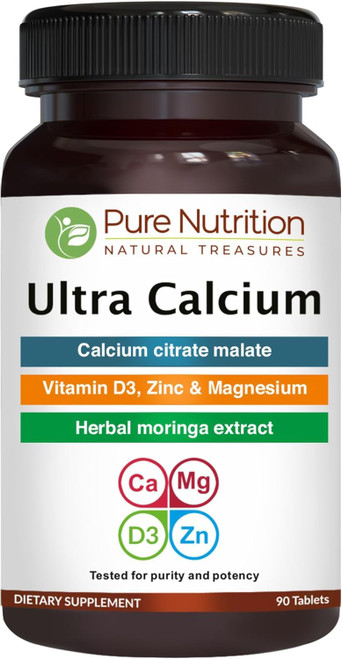 Pure Nutrition Ultra Calcium 1000mg with VIT D3 + K2 | 90 Tab | Highly absorbable Calcium Supplement with Calcium Citrate Malate, VIT D3, K2, Moringa Oleifera, Magnesium and Zinc.