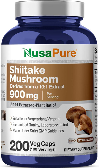 NusaPure Shiitake Mushroom 10:1 Extract, 900 mg Equivalent to 9000mg 200 Veggie Capsules (Non-GMO, Vegan)
