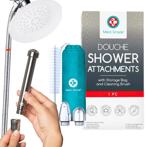 Medi Grade Shower Enema Kit – Shower Douche Nozzle for Men & Women – Intimate Cleansing System with Easy Installation, Velvet Storage Bag, Cleaning Brush & Cloth – Hygienic Douche for Men