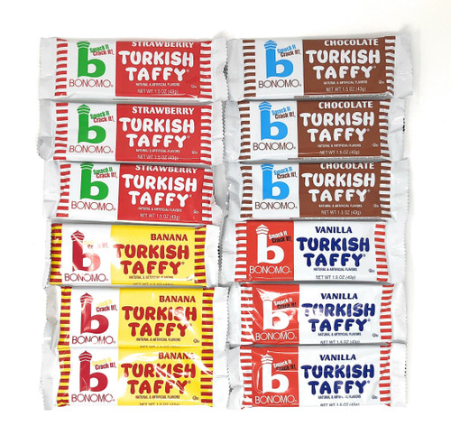 Bonomo Turkish Taffy Candy Variety Bundle (3 Pcs/Flavor) - Vanilla, Chocolate, Banana, and Strawberry