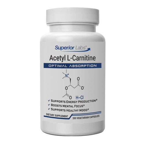 Superior Labs Acetyl L-Carnitine 500 mg, High Potency ALCAR, Pure Non-GMO, Zero Synthetic Additives, Maximum Absorption, Energy & Fat Metabolism, Brain, Nerve & Cellular Detox Support, (200 Veg Caps)
