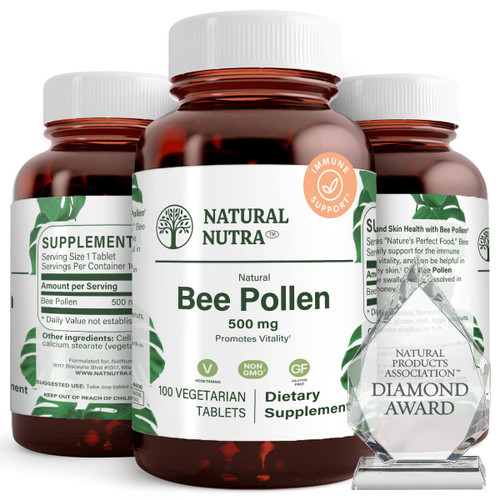 Natural Nutra Bee Pollen 500 mg, Helps Promote Vitality and Immune System, Improve Overall Health, Helps Improve Body Stamina, 100 Tablets