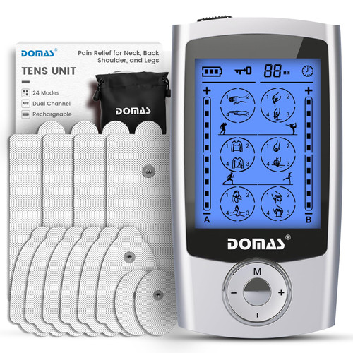 DOMAS TENS Unit for Neck, Back, Shoulders & Legs Pain Relief – Dual Channel, 24 Modes, Rechargeable Electric Shock Therapy for Muscle Relief