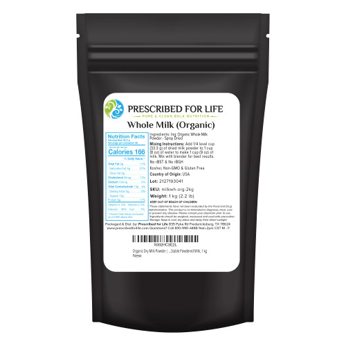 Prescribed For Life Organic Dry Milk Powder, USDA Grade A Whole Milk rBST & rBGH Free, Non GMO, Kosher, Shelf Stable Whole Milk Powder (1kg / 2.2lb)