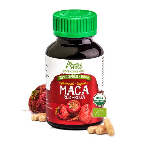 Amazon Andes Select Red Maca Capsules – 1500mg Daily (500mg × 3) Gelatinized, Hand-Selected Peruvian – Hormone Balance & Menopause Relief – USDA Organic, Vegan – 100ct