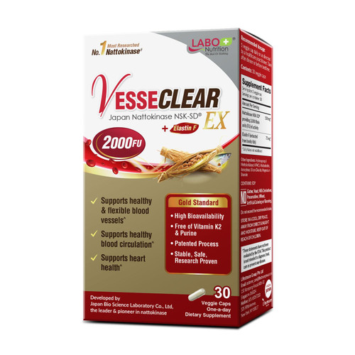 LABO Nutrition VesseCLEAR EX: Nattokinase NSK-SD+Elastin F for Clean & Flexible Blood Vessel. Japan's Most Research Proven, Functional Dose, Acid-Resistant/Delayed Release Capsules