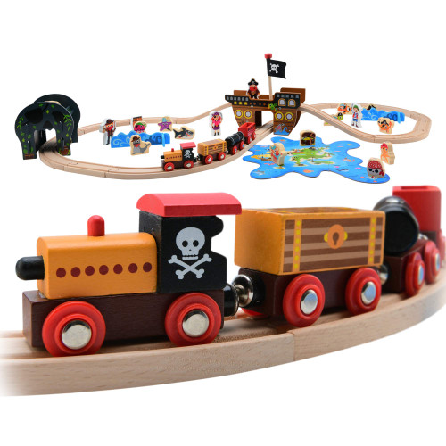 Pidoko Kids Pirate Theme Wooden Train Set - 72 Pcs - Includes Magnet Fishing Poles - Set compatible with all major brand tracks and trains
