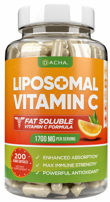 DACHA Natural Liposomal Vitamin C - 1700mg, 200 Capsules, Immune System & Collagen Booster, High Absorption Fat Soluble VIT C, Buffered, Skin Vitamins, Vegeterian, Vegan
