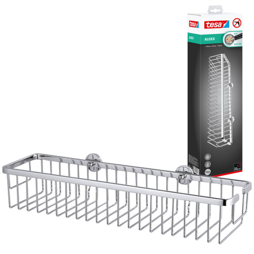 tesa Aluxx Wide Shower Storage Basket, high Gloss Chromed Aluminum, self-Adhesive, Adhesive mounting Technology, 92mm x 450mm x 125mm
