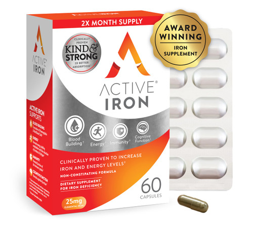 Active Iron Supplement 25mg – Clinically Proven to Increase Iron & Energy Levels – Gentle, Non-Constipating, Highly Absorbed – 60 Capsules