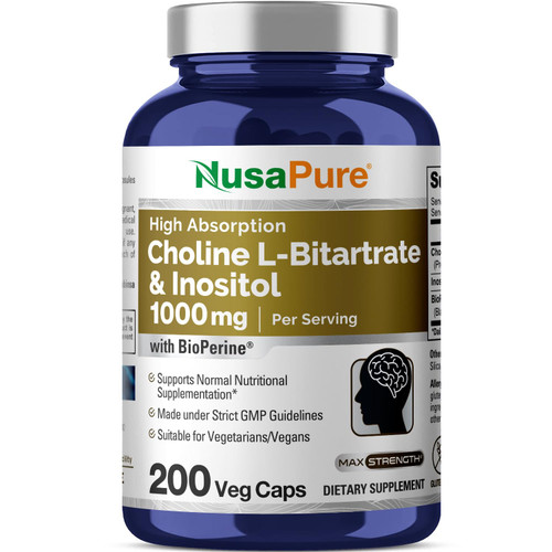 NusaPure Choline & Inositol - Suitable for Vegetarian/Vegan, Non - GMO - 1000mg - 200 Veggie Capsules