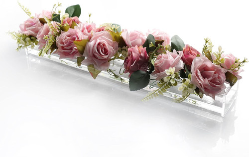 E&F Modern Designs Rectangular Floral Centerpiece for Dining Table - 24 Inches Long Rectangle Vase - Acrylic Clear Vase - Low Laying Unique Flower Vases for Weddings