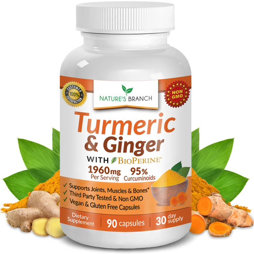 Turmeric and Ginger Supplement - Organic Turmeric & BioPerine - Joint Support High Absorption with Black Pepper Extract and Curcumin - Made in USA, Vegan, Non GMO Pills | Extra Strength 90 Capsules
