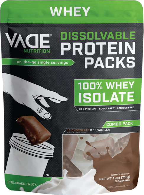 VADE Nutrition Dissolvable Protein Packs - 100% Whey Isolate Protein Powder Chocolate & Vanilla - Low Carb, Low Calorie, Lactose Free, Sugar Free, Fat Free, Gluten Free - 30 Packets to Go