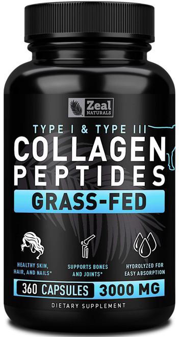 Zeal Naturals Collagen Peptides Collagen Pills (360 Capsules) Grass Fed Collagen Pepetide Powder - Hydrolyzed Collagen Powder for JointTendon SupplementHair Skin and Nails -