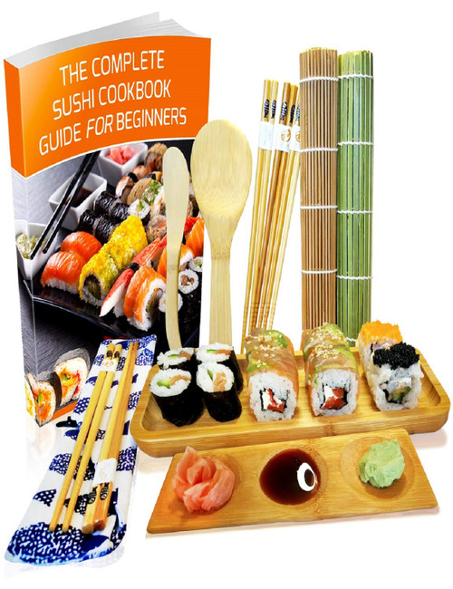 Sushi Making Kit 11 Pcs - Bamboo Sushi Rolling Mat and Serving Set - Make Your Own Sushi at Home - 2 Mats, 5 Pairs Chopsticks with Bag, Paddle, Spreader, Serving Platter, Triplet Sauce Dish with Book
