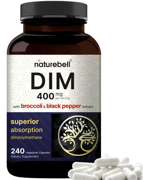 NatureBell DIM 400mg as Diindolylmethane, 240 Veggie Capsules | with Broccoli & Black Pepper for Max Absorption – Hormonal* and Estrogen* Supplements, Menopause Support – No GMOs, No Soy, Vegan