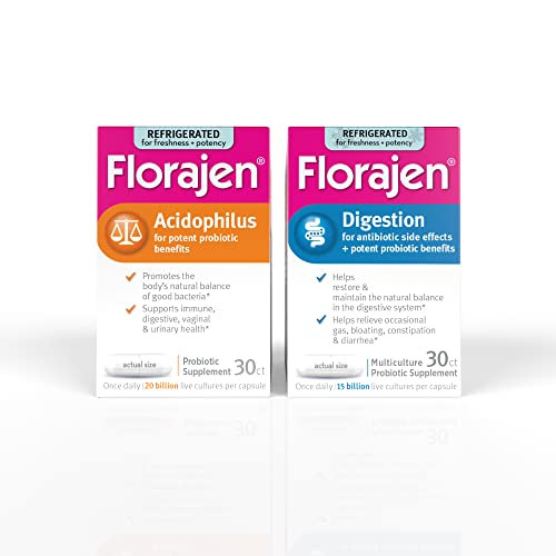 Florajen Probiotics Variety Pack: 30 Capsules Acidophilus Probiotics for Gut Health, Vaginal Health, & Immune Support and 30 Capsules Digestion Probiotics for Gut Health & Constipation and Bloating Relief (60 Capsules Total)