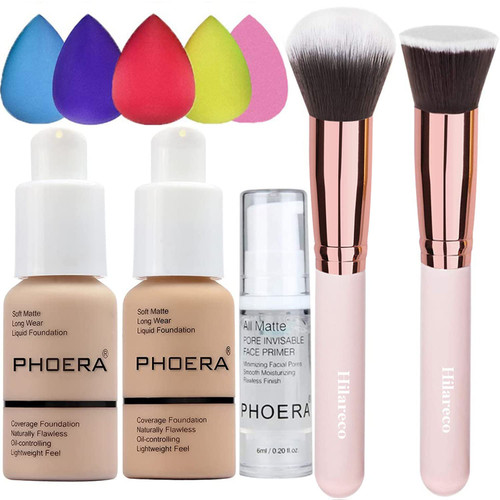 PHOERA Foundation & Face Primer Set, Full Coverage, Matte Finish, Oil Control Concealer (102 Nude + 104 Buff Beige)