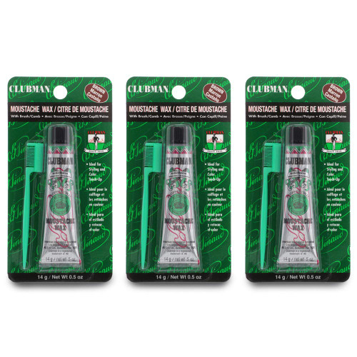 Clubman Mustache Wax for Men – Brown Moustache Wax with Brush & Comb, Strong Hold, 0.5 oz x 3 Pack