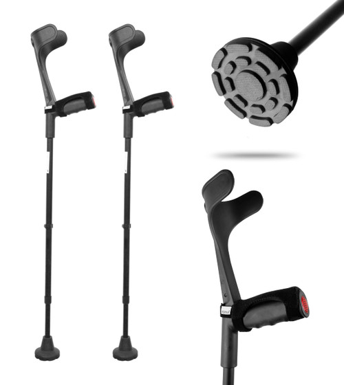 KMINA - Forearm Crutches for Adults (x2 Units, Open Cuff), Adjustable Handle Pad, Aluminum, Black - Made in Europe