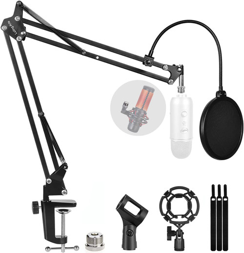 Microphone Stand for Blue Yeti, Quadcast Boom Arm Scissor Mic Stand with Windscreen and Double layered screen Pop Filter Heavy Duty Mic Boom Scissor Arm Stands, Broadcasting and Recording.Game