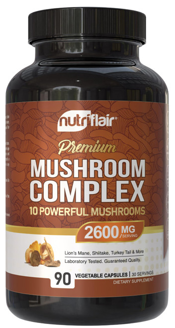 NutriFlair Mushroom Supplement 2600mg, 90 Capsules - 10 Mushrooms Blend - Reishi, Lions Mane, Cordyceps, Chaga, Turkey Tail, Maitake, Shiitake, Oyster Nootropic Formula - Brain, Energy, Focus Pills