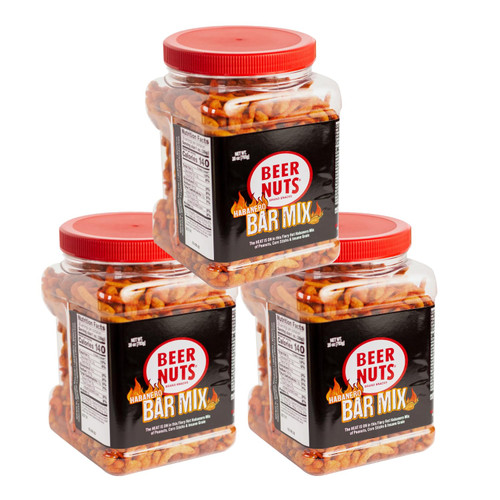 BEER NUTS Habanero Bar Mix - Fiery Hot Habanero Mix Of Peanuts, Corn Sticks & Insane Grain - Party Size 28oz Resealable Jar (Pack of 3)