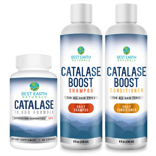 Best Earth Naturals Catalase Formula Starter Set with 60 Capsules of Catalase 10,000 Shampoo 8 Ounces and Conditioner 8 Ounces