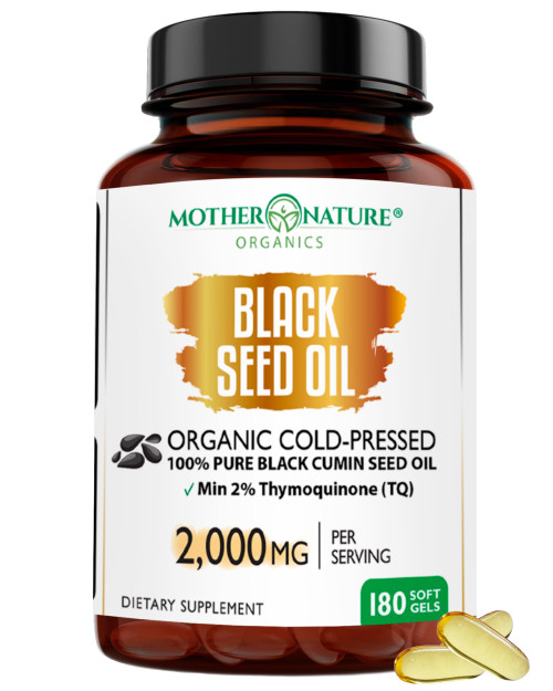 Mother Nature - Organic Black Seed Oil Capsules, 3 Month Supply, Cold Pressed, High TQ, 100% Turkish, Black Cumin Nigella Sativa Oil for Immune Support, Joint, Digestive Health,1000mg Capsule, 180ct