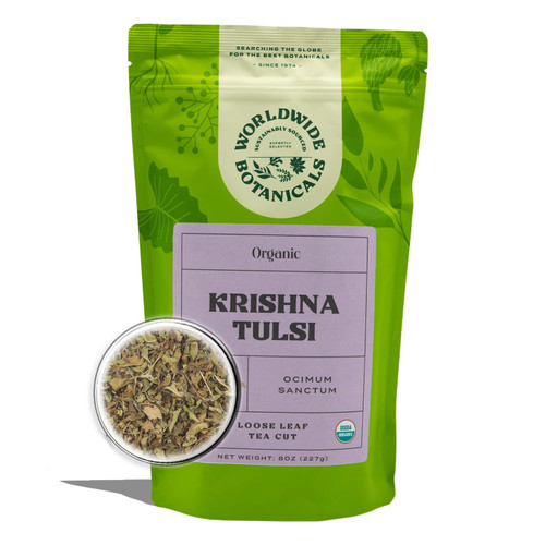Worldwide Botanicals Organic Holy Basil Tea, 8oz - Tulsi Krishna - Loose Leaf Premium Herbal Tea, 100% Pure Tulsi Holy Basil, Fair Trade, Adaptogenic, Kosher