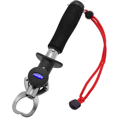 SF Fish Grip Holder Stainless Steel Fishing Gripper Two-Sided Trigger Tool Fish Lip Grabber with Scale Max 30kg EVA Foam Handle Adjustable Wrist Strap