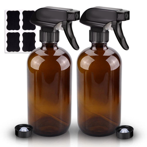 Wedama Amber Glass Spray Bottles, 2 Pack 16 oz Glass Spray Bottles for Cleaning Solutions and Essential Oils, Refillable Empty Spray Bottle with Adjustable Nozzles for Alcohol, Plant and Hair Care