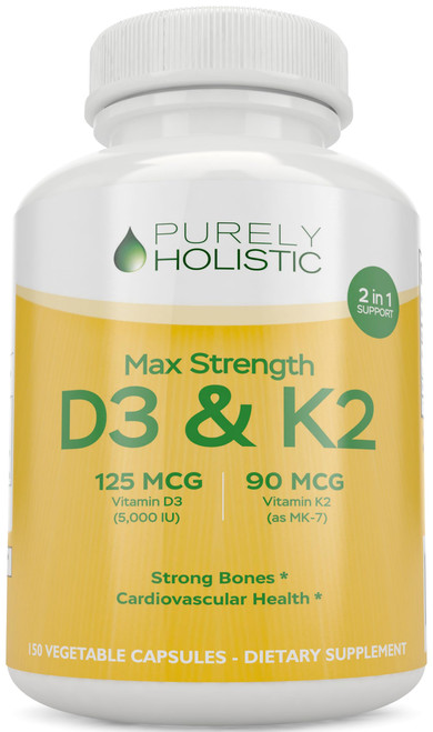 Purely Holistic Vitamin D3 125mcg and Vitamin K2 90mcg MK7-4 Month Supply 150 Vegetarian Capsules - Vitamin D3 & K2 Menaqunione - High Strength Cholecalciferol Made in The USA