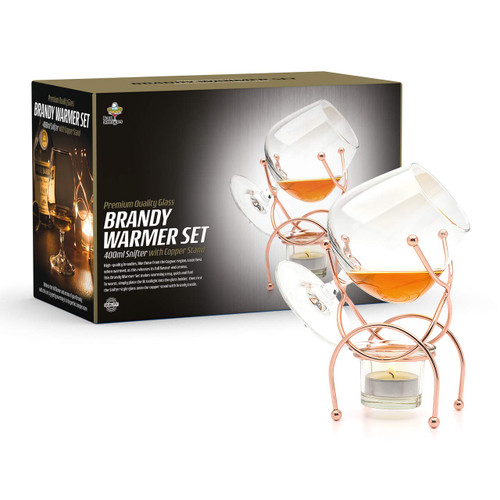 Bar Amigos Brandy & Cognac Snifter Warmer Glass COPPER Stand Gift Set with Tea light Candle & Copper Holder - Premium Drinking Set