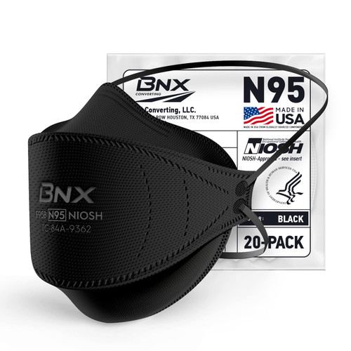 BNX N95 Mask NIOSH Certified MADE IN USA Particulate Respirator Protective Face Mask, Tri-Fold Cup/Fish Style, (20-Pack, Approval Number TC-84A-9362 / Model F95B) Black BNX N95 Mask NIOSH Certified MADE IN USA Particulate Respirator Protective Face Mask, Tri-Fold Cup/Fish Style, (20-Pack, Approval Number TC-84A-9362 / Model F95B) Black