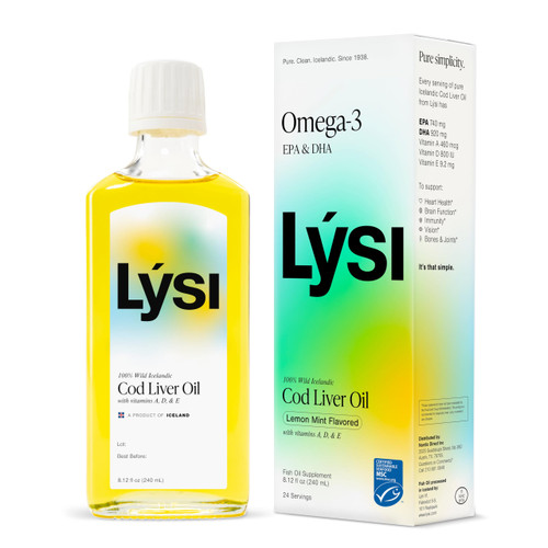 LYSI Cod Liver Oil, Omega-3 Supplement,1660mg EPA & DHA Per Serving, Plus Vitamins A,D,E, Sustainably Sourced 100% Wild Icelandic Cod, GMP Certified, 8.12 FL oz, 24 Servings, Flavor Mint and Lemon