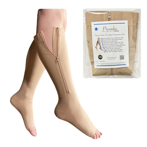 Presadee 30-40 mmHg Extra Firm Zipper Compression Leg Swelling Open Toe Socks (Nude, 2)