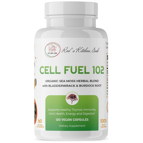 Red's Kitchen Sink Cell Fuel 102 – Organic Sea Moss 120 Capsules with Bladderwrack & Burdock Root | Dr. Sebi Inspired Herbal Blend | 60 Servings, 2 Month Supply | Vegan, 100% Natural