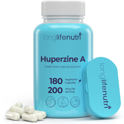LongLifeNutri Huperzine A 200mcg - from Huperzia Serrata Leaf, 180 Vegetarian Capsules, Natural Brain Nootropic for Focus, Memory, and Clarity, 6 Month Supply, GMP Certified, Made in USA