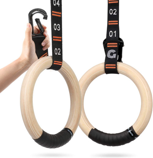 Gonex Wooden Gymnastic Rings with Adjustable Number Straps, Olympic Rings for Gym, Workout, Exercise, Outdoor Training, Quick Install Carabiner, 8.7 ft Straps Pull Up Non-Slip Rings