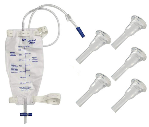 Male Urine Leg Bag Collector,5-Condom Catheters Self-Seal 28mm (Intermediate), Premium Leg Bag 750ml 30 Inch PVC Extension Tubing, Tubing Straps & Fast and Easy Draining