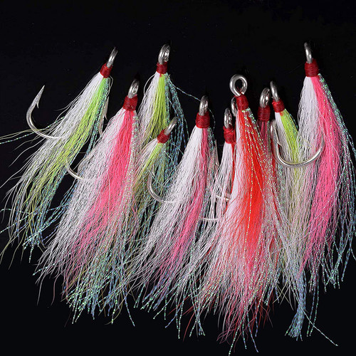 Bucktail Teasers Fishing Hooks Saltwater Flounder Rig Fishing Hooks Bucktail Mylar Teasers Inserted for Catfish Cod Flounder Hi/Lo Rig Three Colors 6/12pcs