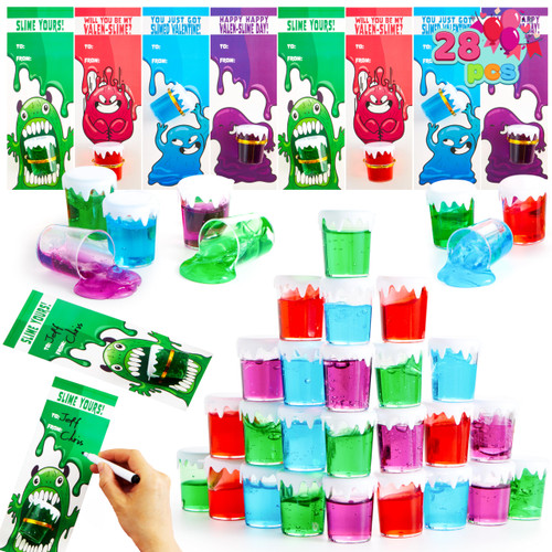 JOYIN 28 PCS Valentines Day Gifts Cards for Kids with Slime Stress Relief Fidget Toy for Classroom Exchange Cards Prize and Valentine's Party Favor