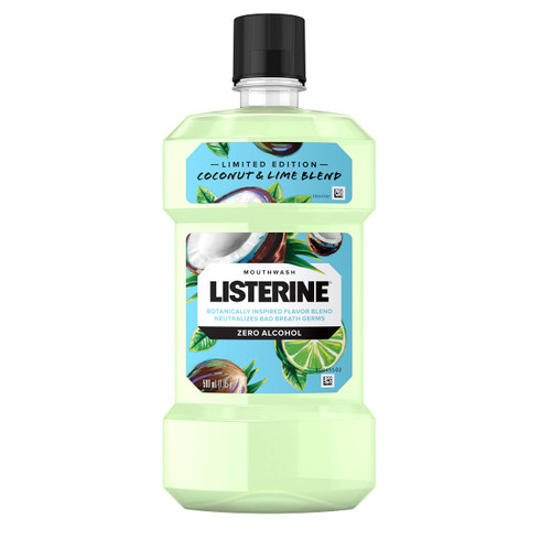 Listerine Coconut & Lime Alcohol Free Mouthwash, Oral Rinse Kills up to 99% of Bad Breath Germs, Limited Edition Coconut Lime Flavor, 500 mL