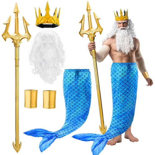 Tellingyou 6 Pcs Halloween Poseidon Costume Set Merman Sea Costume Neptune God of the Sea Cosplay for Men Adults(XL)